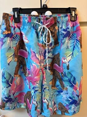 Men's Tropical Bigfoot Flamingo Print Swim Trunks - Blue